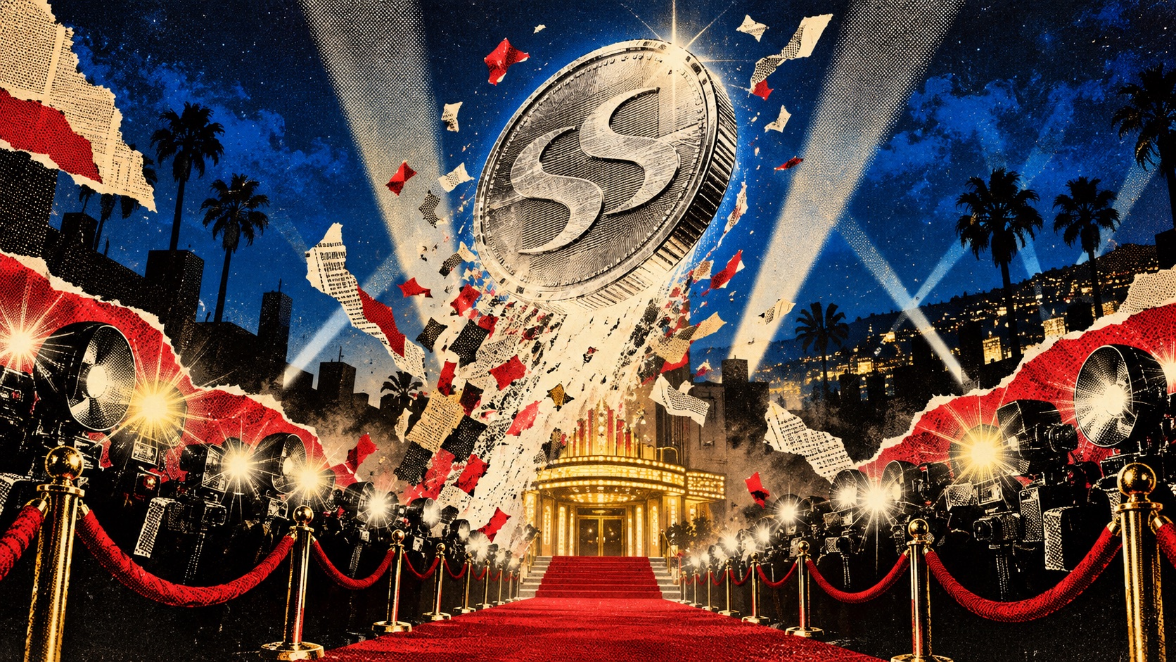 A silver double-S coin rising over a red carpet through flashbulbs and newsprint confetti