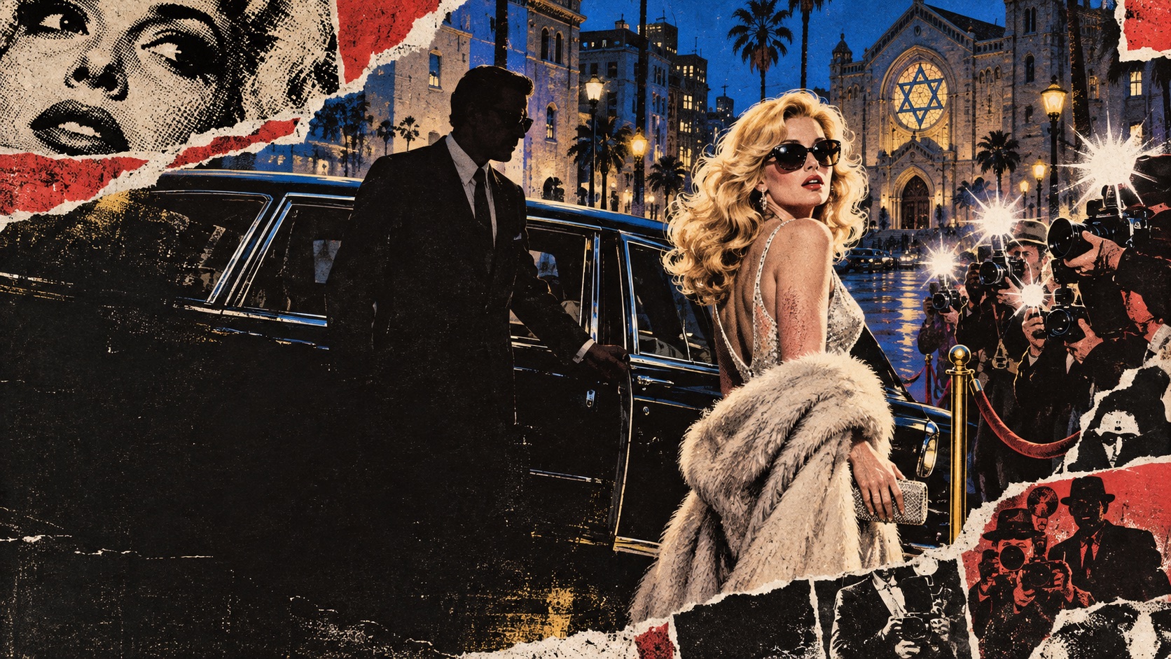 A satirical tabloid collage of a fictional star arriving under paparazzi flashbulbs