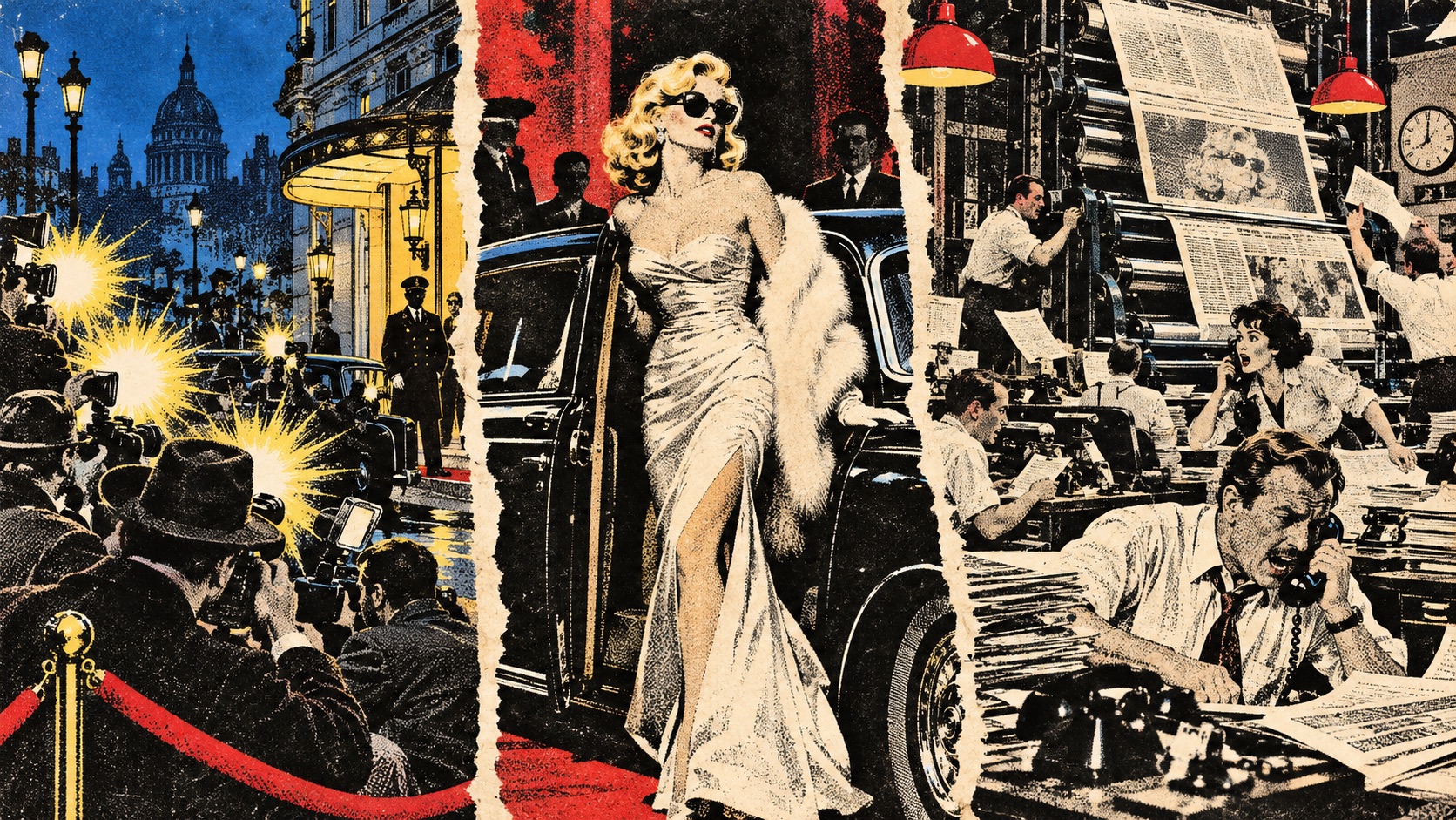 A three-part tabloid collage showing paparazzi, a fictional blonde star, and a chaotic newsroom